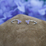 Amethyst Purple CZ Flower Huggie Hoop Earrings in Sterling Silver, Tiny CZ Trio Open Hoops, Pull Through Threaders, Half Hoops, C Shape
