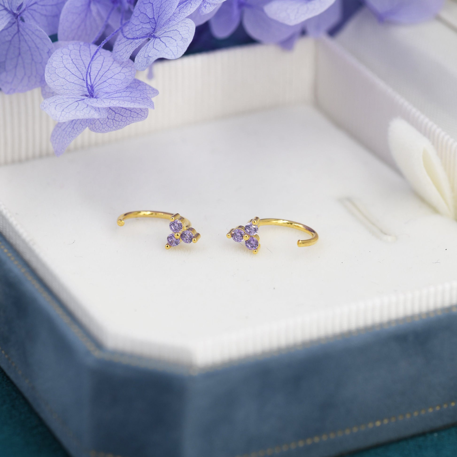 Amethyst Purple CZ Flower Huggie Hoop Earrings in Sterling Silver, Tiny CZ Trio Open Hoops, Pull Through Threaders, Half Hoops, C Shape