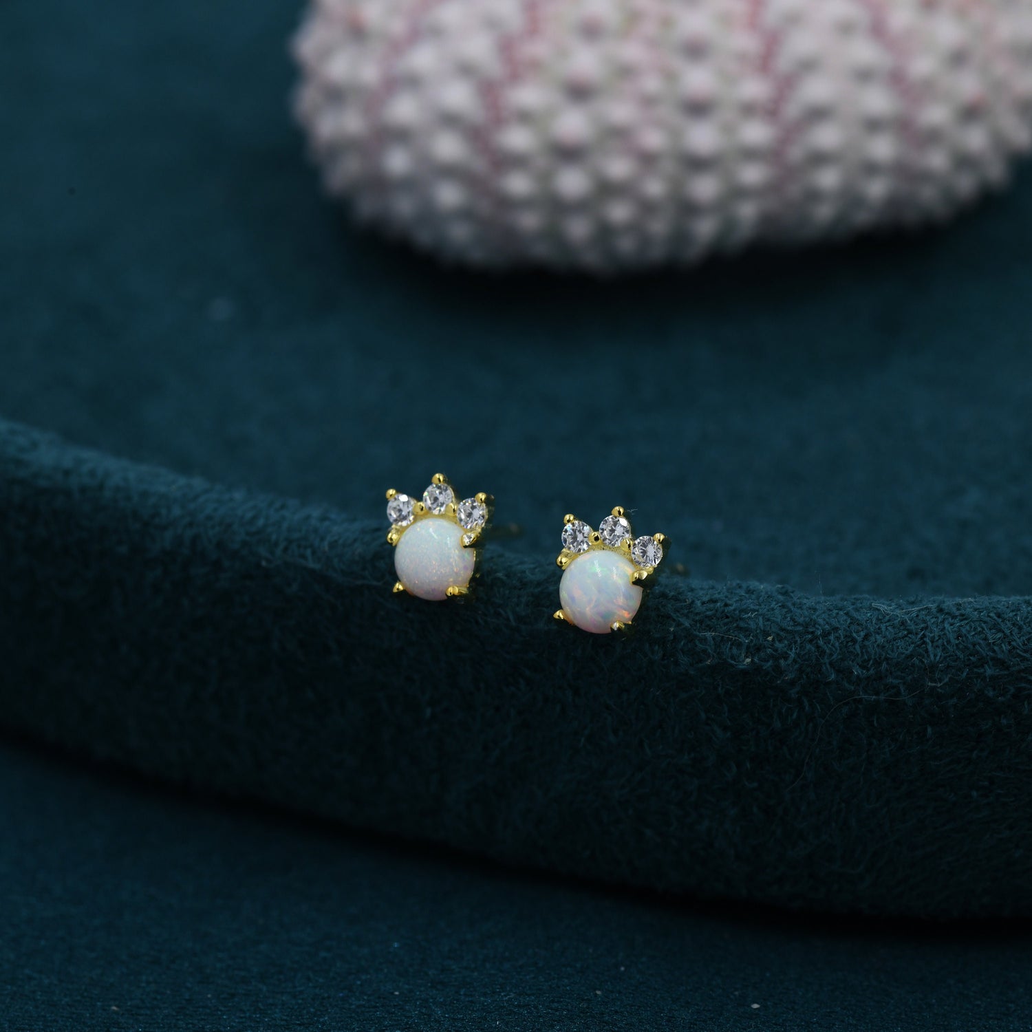 Tiny White Opal with CZ Stud Earrings in Sterling Silver, Silver or Gold, Vintage Inspired Design, Opal Crown Earrings Crown Stud