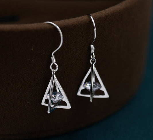 Sterling Silver Caged Crystal Diamond Pyramid Drop Hook Earrings, Gold Coated Sterling Silver, Modern Geometric Jewellery