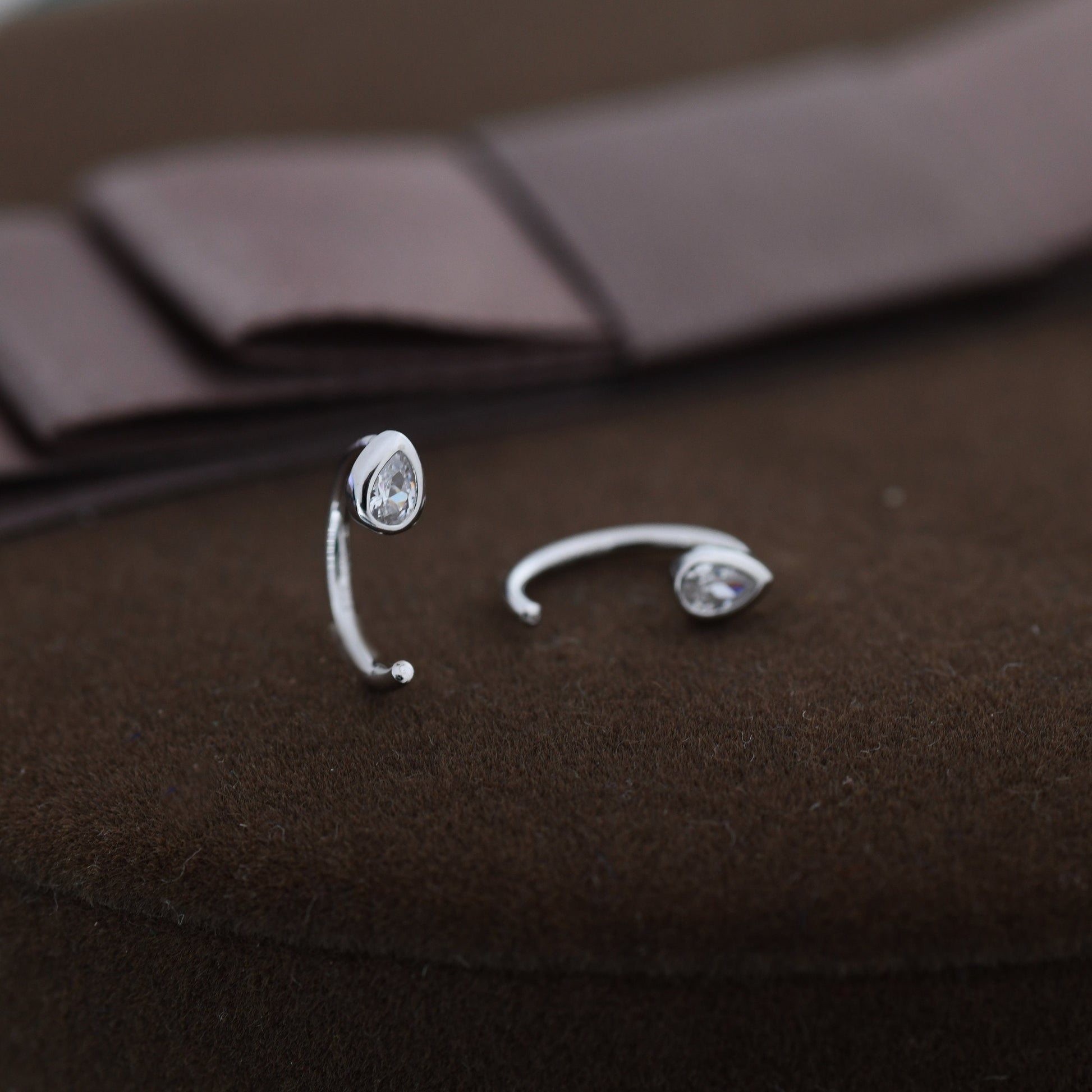 CZ Droplet Huggie Hoop Earrings in Sterling Silver, Tiny CZ Pear Cut Open Hoops, Pull Through Threaders, Half Hoops, C Shape