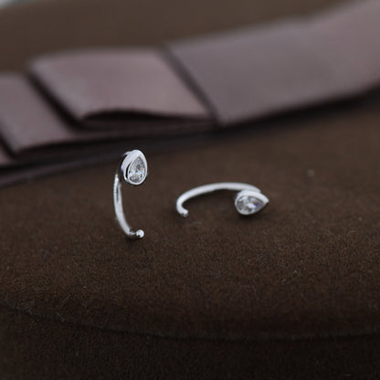 CZ Droplet Huggie Hoop Earrings in Sterling Silver, Tiny CZ Pear Cut Open Hoops, Pull Through Threaders, Half Hoops, C Shape