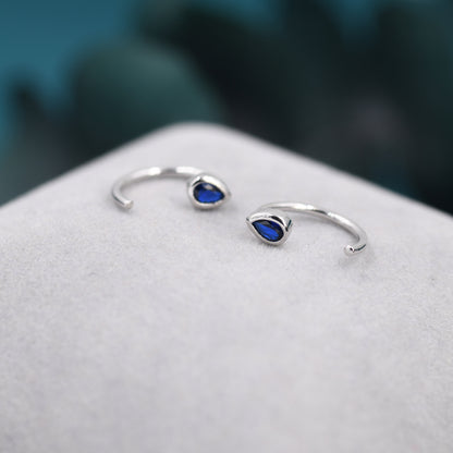 Sapphire Blue CZ Droplet Huggie Hoop Earrings in Sterling Silver, Tiny CZ Pear Cut Open Hoops, Pull Through Threaders, Half Hoops, C Shape