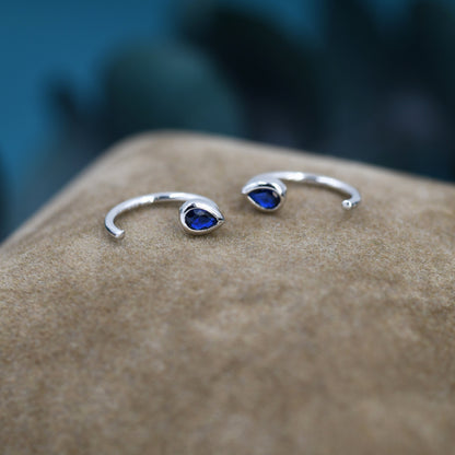 Sapphire Blue CZ Droplet Huggie Hoop Earrings in Sterling Silver, Tiny CZ Pear Cut Open Hoops, Pull Through Threaders, Half Hoops, C Shape