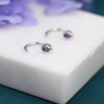 Amethyst Purple CZ Droplet Huggie Hoop Earrings in Sterling Silver, Tiny CZ Pear Cut Open Hoops, Pull Through Threaders, Half Hoops, C Shape