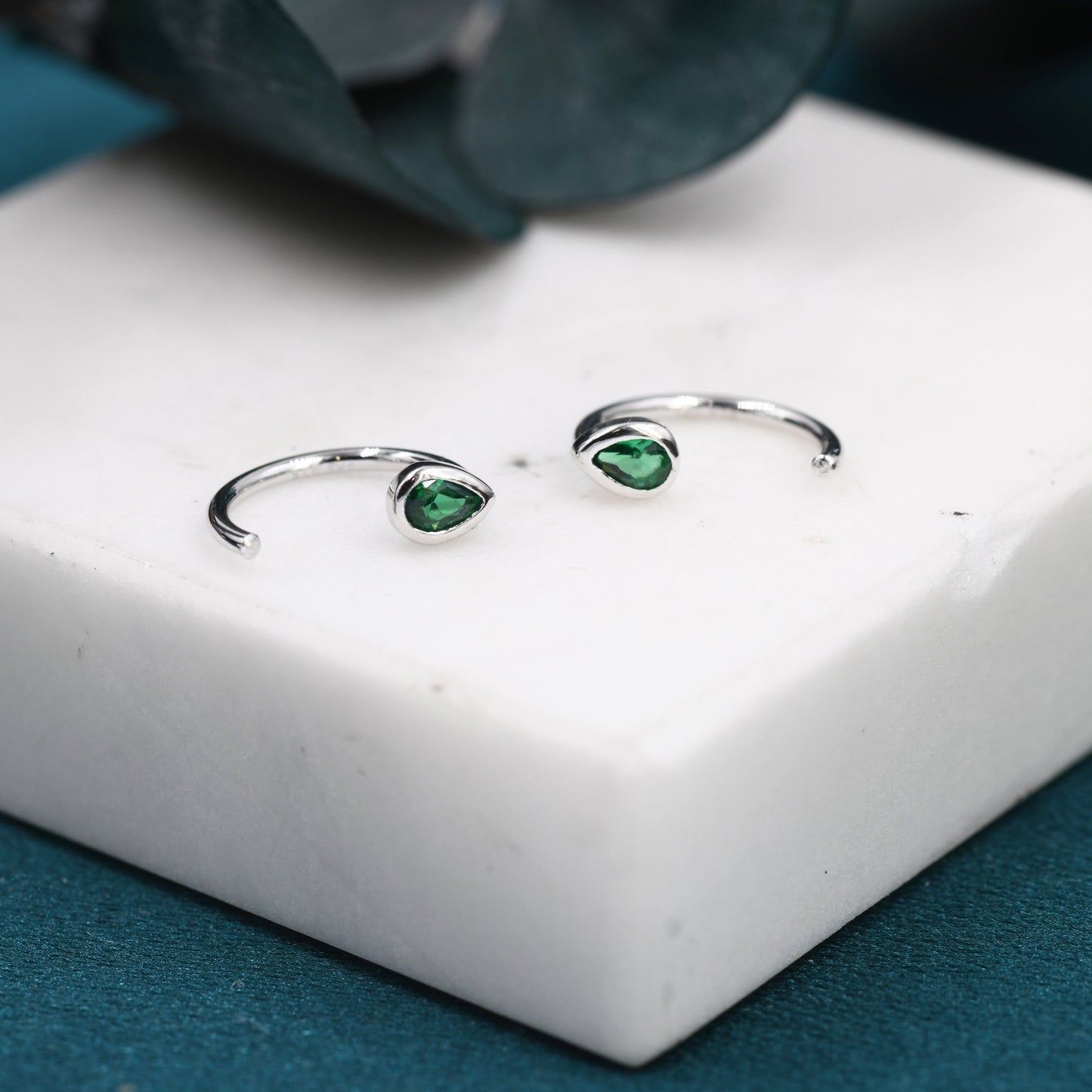 Emerald Green CZ Droplet Huggie Hoop Earrings in Sterling Silver, Tiny CZ Pear Cut Open Hoops, Pull Through Threaders, Half Hoops, C Shape