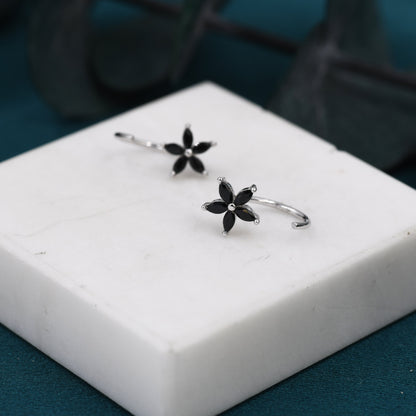 Black CZ Flower Huggie Hoop Earrings in Sterling Silver, Gold or Silver, Marquise CZ Flower Threader Hoop Earrings, Pull Through