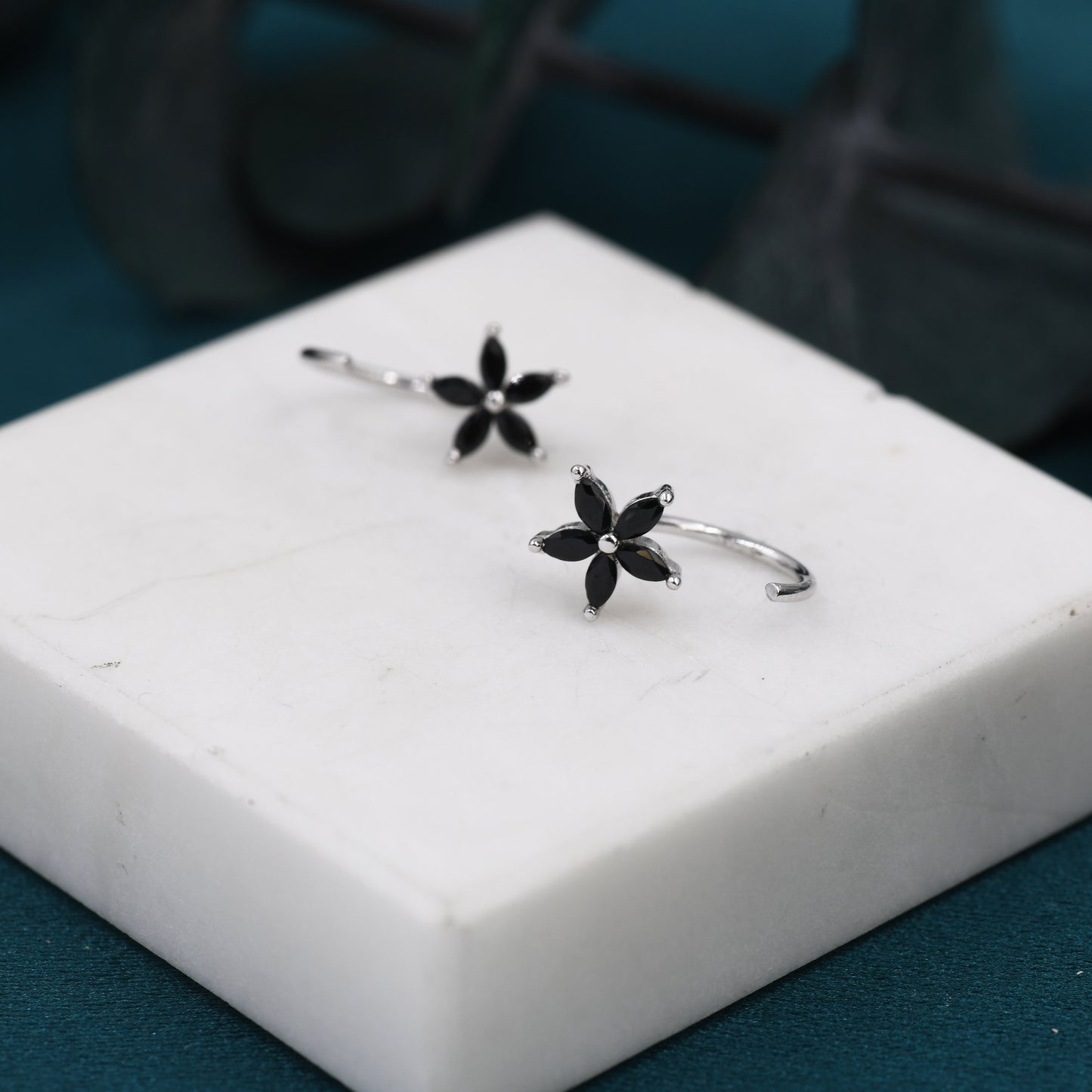 Black CZ Flower Huggie Hoop Earrings in Sterling Silver,  Gold or Silver, Marquise CZ Flower Threader Hoop Earrings, Pull Through