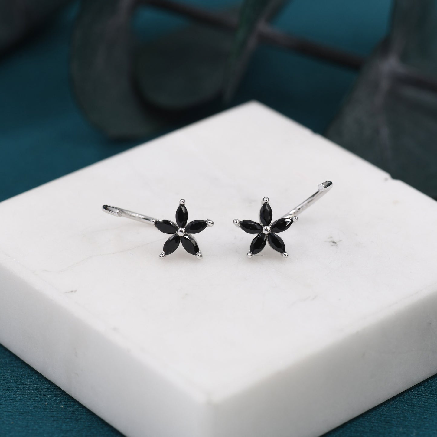 Black CZ Flower Huggie Hoop Earrings in Sterling Silver,  Gold or Silver, Marquise CZ Flower Threader Hoop Earrings, Pull Through