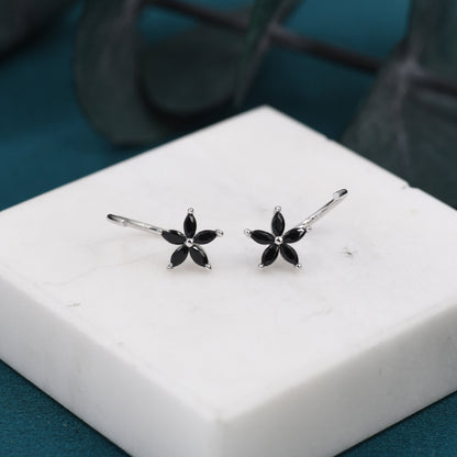 Black CZ Flower Huggie Hoop Earrings in Sterling Silver,  Gold or Silver, Marquise CZ Flower Threader Hoop Earrings, Pull Through