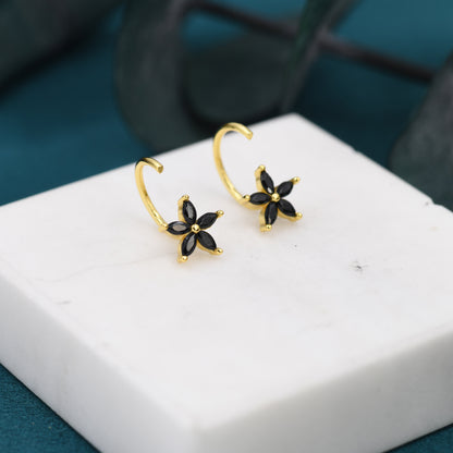 Black CZ Flower Huggie Hoop Earrings in Sterling Silver,  Gold or Silver, Marquise CZ Flower Threader Hoop Earrings, Pull Through