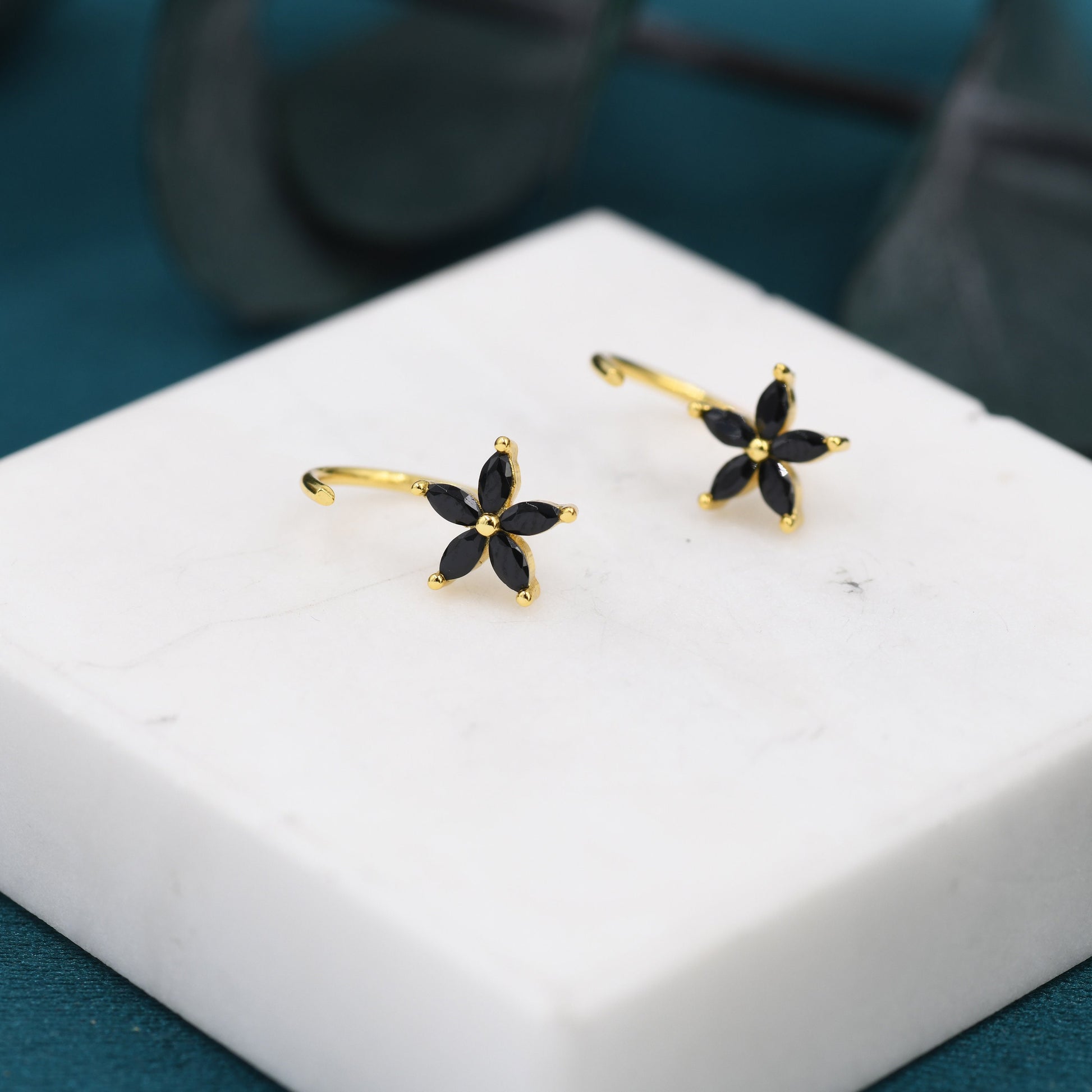 Black CZ Flower Huggie Hoop Earrings in Sterling Silver, Gold or Silver, Marquise CZ Flower Threader Hoop Earrings, Pull Through