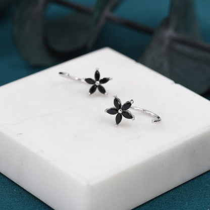 Black CZ Flower Huggie Hoop Earrings in Sterling Silver, Gold or Silver, Marquise CZ Flower Threader Hoop Earrings, Pull Through