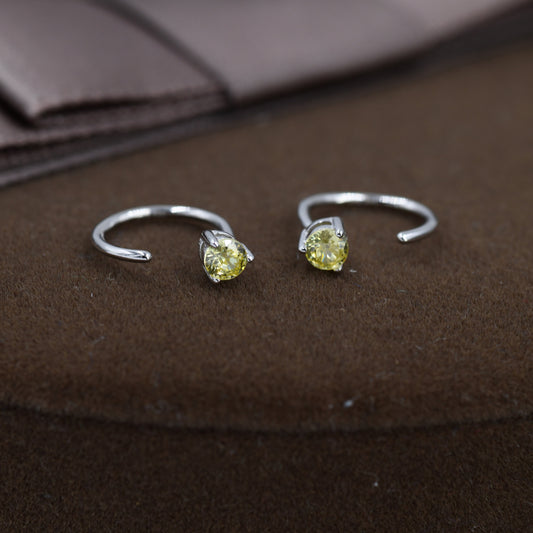 3mm Citrine Yellow CZ Huggie Hoop Earrings in Sterling Silver, Silver or Gold, Half Hoop, Tiny CZ Open Hoop, Pull Through