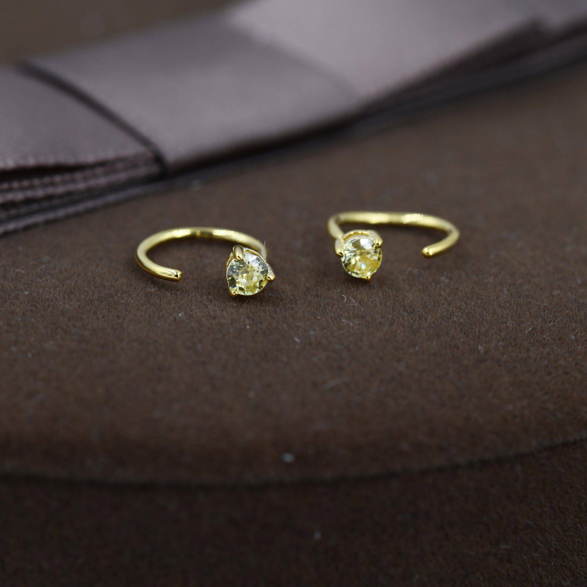 3mm Citrine Yellow CZ Huggie Hoop Earrings in Sterling Silver, Silver or Gold, Half Hoop, Tiny CZ Open Hoop, Pull Through
