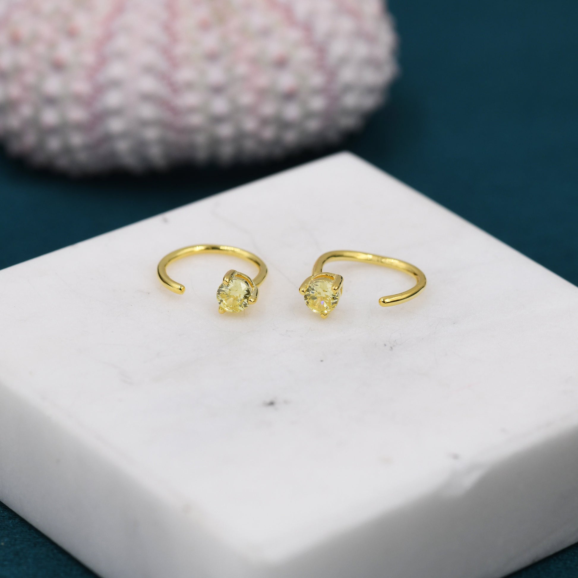 3mm Citrine Yellow CZ Huggie Hoop Earrings in Sterling Silver, Silver or Gold, Half Hoop, Tiny CZ Open Hoop, Pull Through