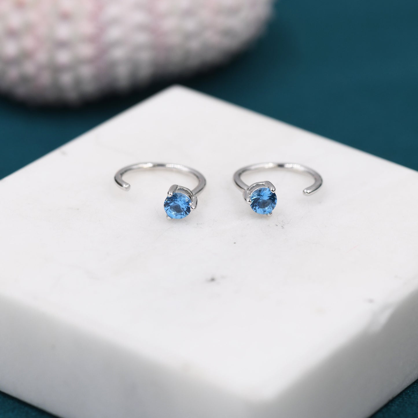 3mm Aquamarine Blue CZ Huggie Hoop Earrings in Sterling Silver, Silver or Gold, Half Hoop, Tiny CZ Open Hoop, Pull Through