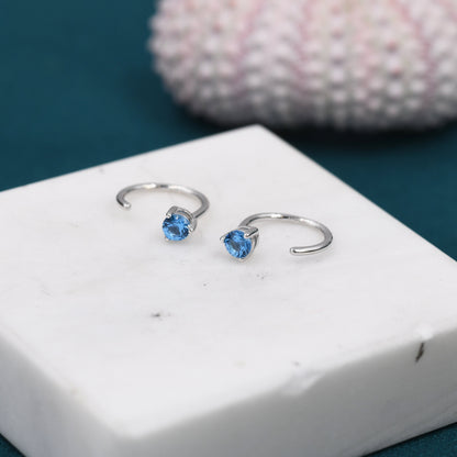 3mm Aquamarine Blue CZ Huggie Hoop Earrings in Sterling Silver, Silver or Gold, Half Hoop, Tiny CZ Open Hoop, Pull Through