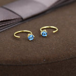 3mm Aquamarine Blue CZ Huggie Hoop Earrings in Sterling Silver, Silver or Gold, Half Hoop, Tiny CZ Open Hoop, Pull Through