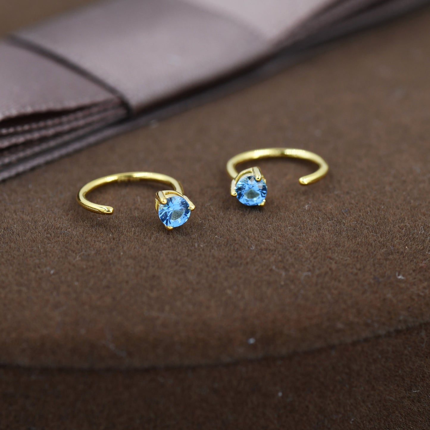 3mm Aquamarine Blue CZ Huggie Hoop Earrings in Sterling Silver, Silver or Gold, Half Hoop, Tiny CZ Open Hoop, Pull Through