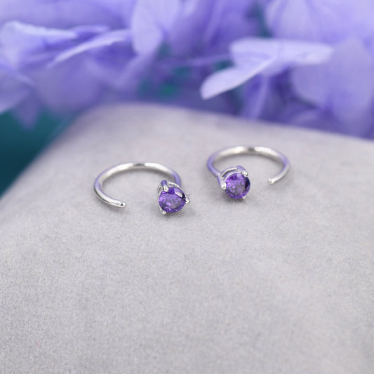 3mm Amethyst Purple CZ Huggie Hoop Earrings in Sterling Silver, Silver or Gold, Half Hoop, Tiny CZ Open Hoop, Pull Through