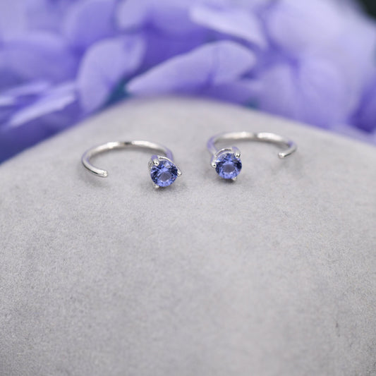 3mm Tanzanite Blue CZ Huggie Hoop Earrings in Sterling Silver, Silver or Gold, Half Hoop, Tiny CZ Open Hoop, Pull Through