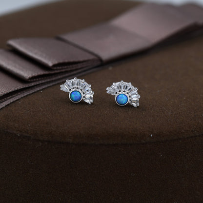 Art Deco Style Blue Opal Fan Stud Earrings in Sterling Silver, Silver or Gold, Crown Opal Earrings, Tiny Fire Opal Earrings