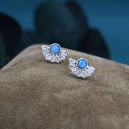 Art Deco Style Blue Opal Fan Stud Earrings in Sterling Silver, Silver or Gold, Crown Opal Earrings, Tiny Fire Opal Earrings