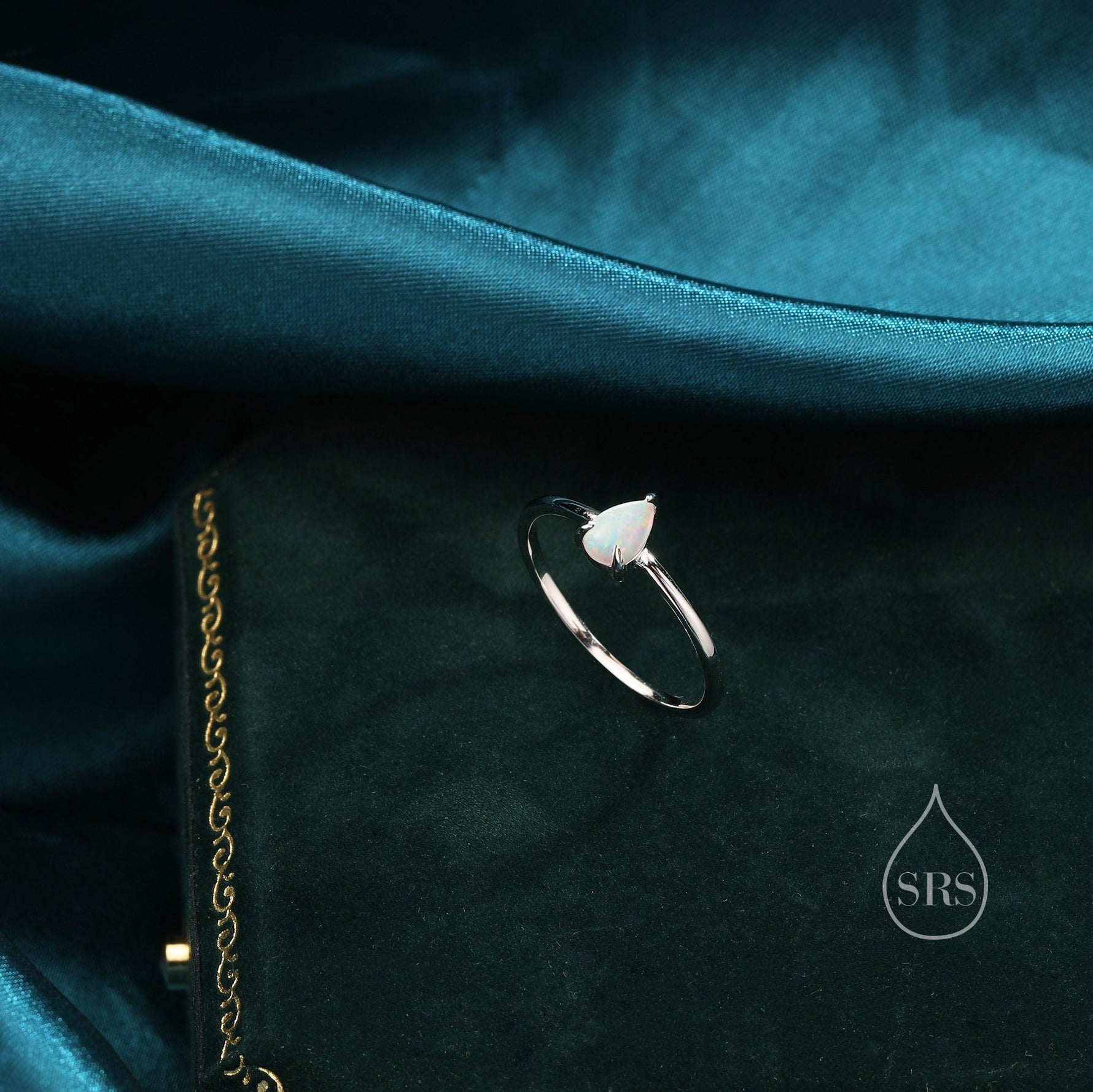 Fire Opal Droplet Ring in Sterling Silver, US 5 - 8, 4x6mm, Prong Set, Lab Opal Stone Ring, White Opal Ring