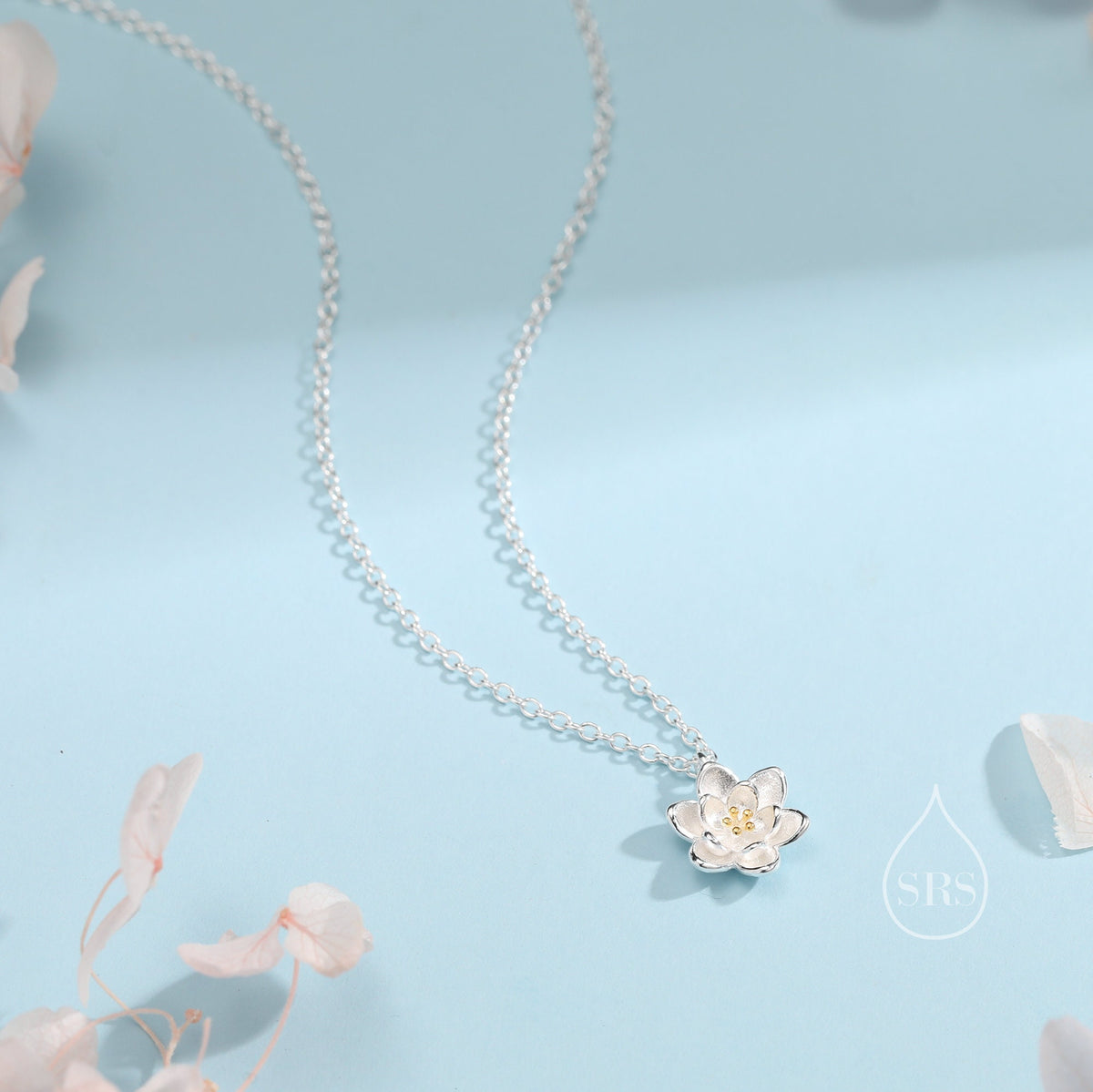 Sterling Silver Water lily Lotus Flower Blossom Pendant Necklace with Partial 18ct Gold Plating, Sweet Cute Pretty Jewellery