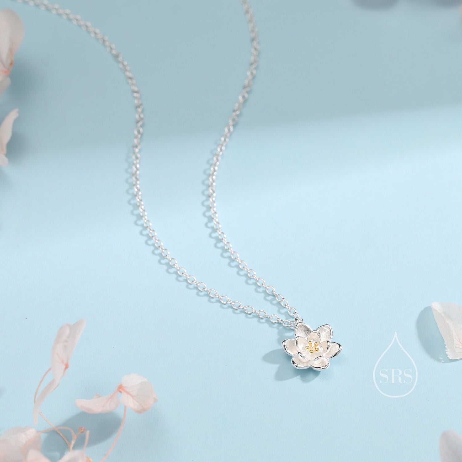 Sterling Silver Water lily Lotus Flower Blossom Pendant Necklace with Partial 18ct Gold Plating, Sweet Cute Pretty Jewellery