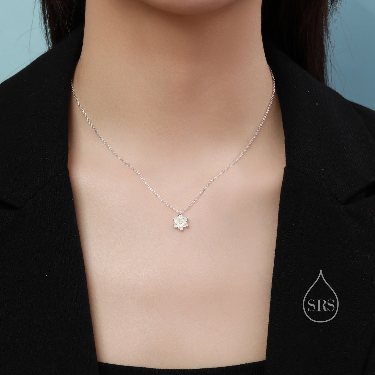 Sterling Silver Water lily Lotus Flower Blossom Pendant Necklace with Partial 18ct Gold Plating, Sweet Cute Pretty Jewellery