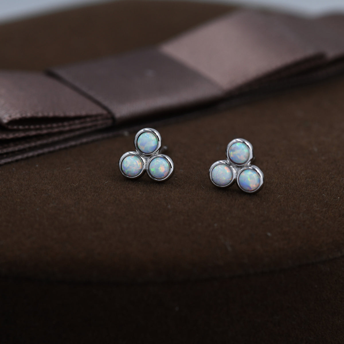 White Opal Trio Dot Circle Stud Earrings in Sterling Silver - Silver or Gold - Geometric Minimalist , Fire Opal Trio Earrings, Three Opals