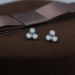 White Opal Trio Dot Circle Stud Earrings in Sterling Silver - Silver or Gold - Geometric Minimalist , Fire Opal Trio Earrings, Three Opals