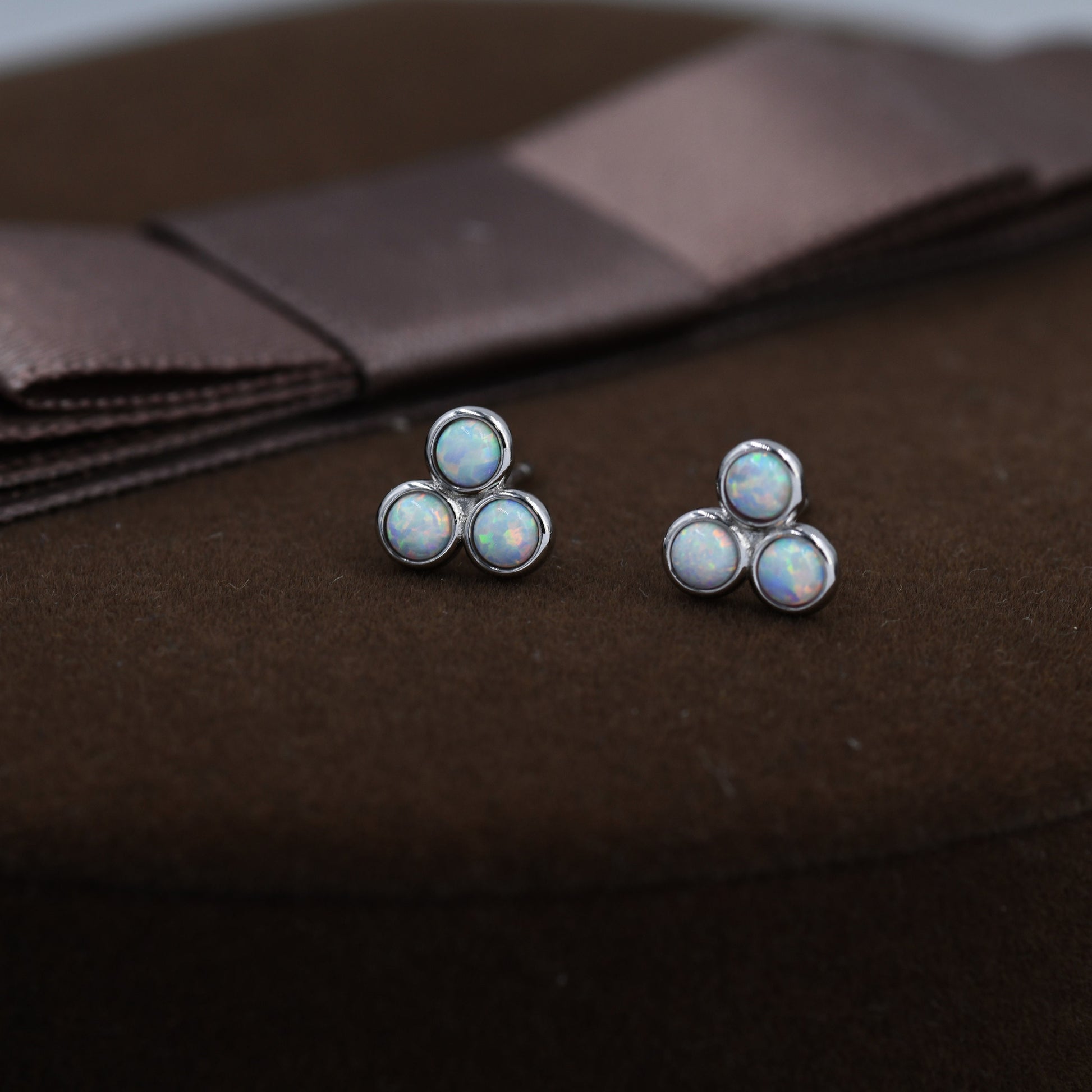 White Opal Trio Dot Circle Stud Earrings in Sterling Silver - Silver or Gold - Geometric Minimalist , Fire Opal Trio Earrings, Three Opals