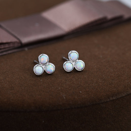 White Opal Trio Dot Circle Stud Earrings in Sterling Silver - Silver or Gold - Geometric Minimalist , Fire Opal Trio Earrings, Three Opals