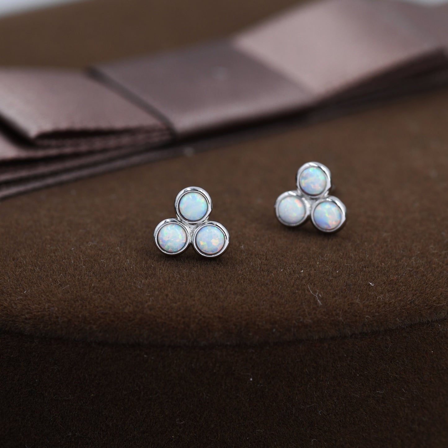 White Opal Trio Dot Circle Stud Earrings in Sterling Silver - Silver or Gold - Geometric Minimalist , Fire Opal Trio Earrings, Three Opals