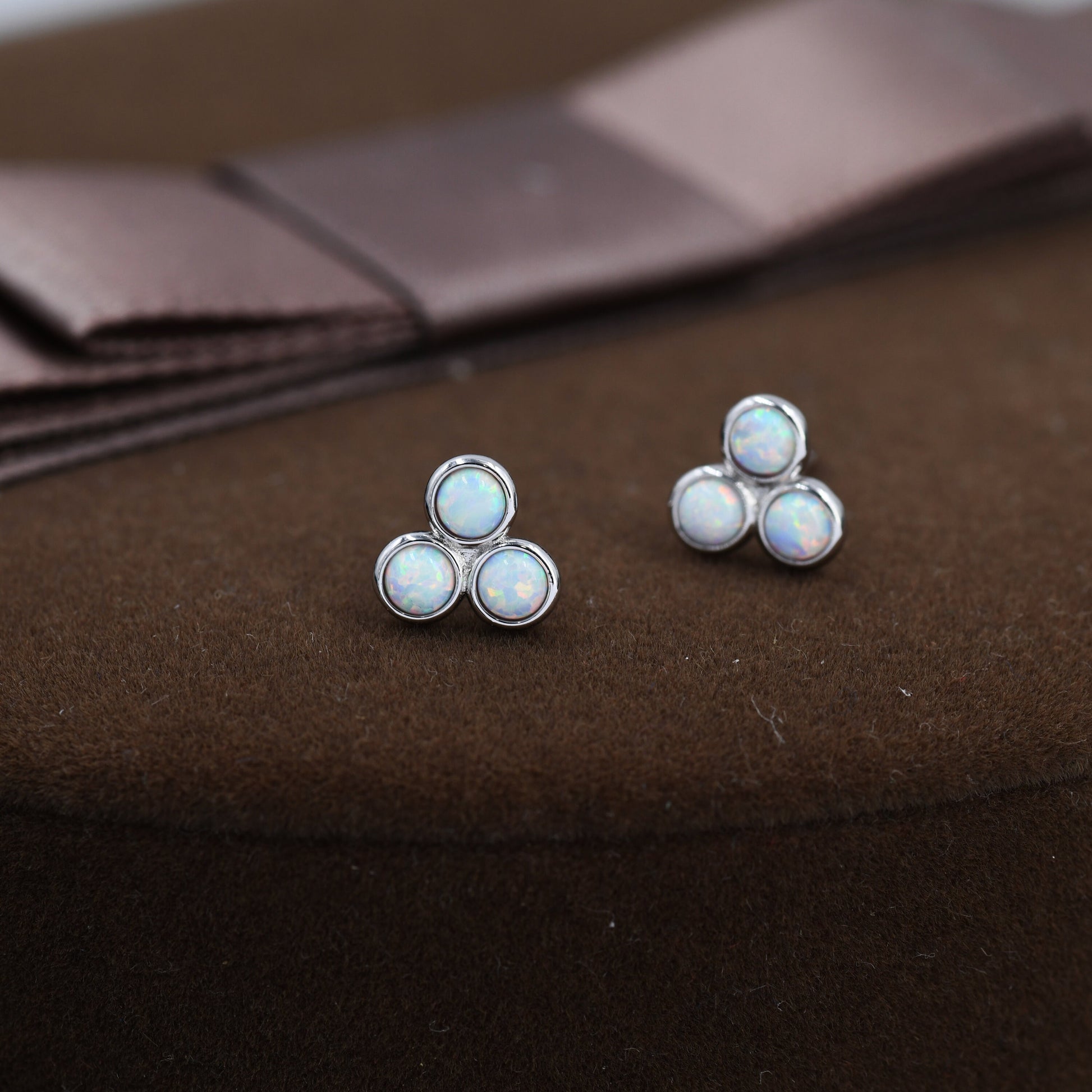 White Opal Trio Dot Circle Stud Earrings in Sterling Silver - Silver or Gold - Geometric Minimalist , Fire Opal Trio Earrings, Three Opals