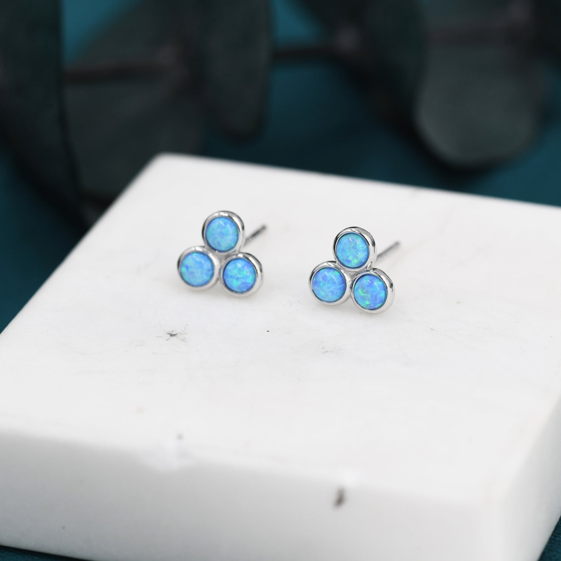 Blue Opal Trio Dot Circle Stud Earrings in Sterling Silver - Silver or Gold - Geometric Minimalist , Fire Opal Trio Earrings, Three Opals