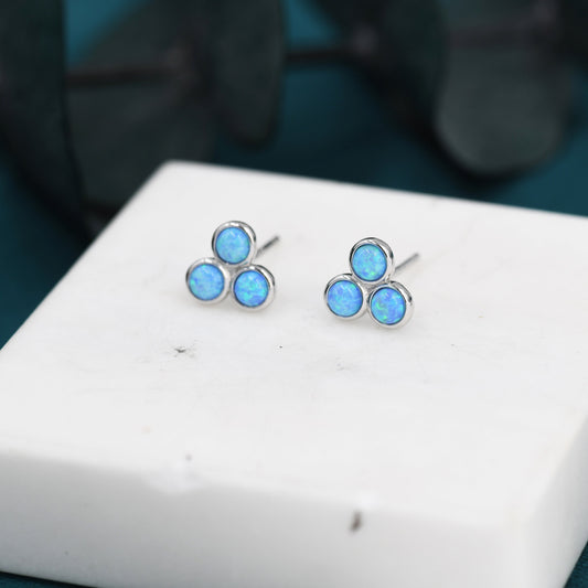 Blue Opal Trio Dot Circle Stud Earrings in Sterling Silver - Silver or Gold - Geometric Minimalist , Fire Opal Trio Earrings, Three Opals