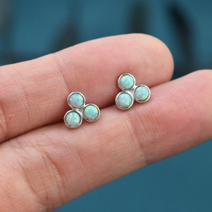 Turquoise Opal Trio Dot Circle Stud Earrings in Sterling Silver - Silver or Gold - Fire Opal Trio Earrings, Three Opals