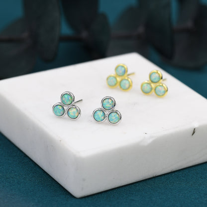 Turquoise Opal Trio Dot Circle Stud Earrings in Sterling Silver - Silver or Gold - Fire Opal Trio Earrings, Three Opals