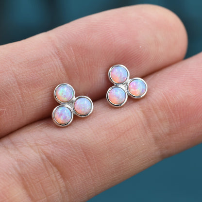 Cosmic Dust Pink Opal Dot Circle Stud Earrings in Sterling Silver - Silver or Gold -  Fire Opal Trio Earrings, Three Opals