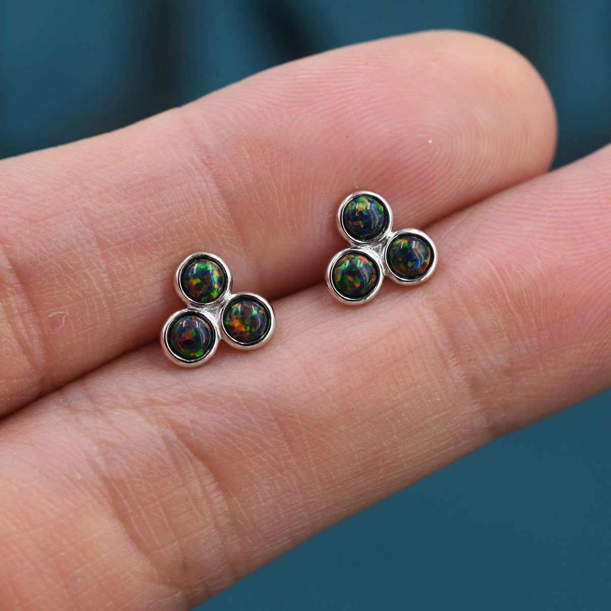Black Opal Dot Circle Stud Earrings in Sterling Silver - Silver or Gold - Fire Opal Trio Earrings, Three Opals