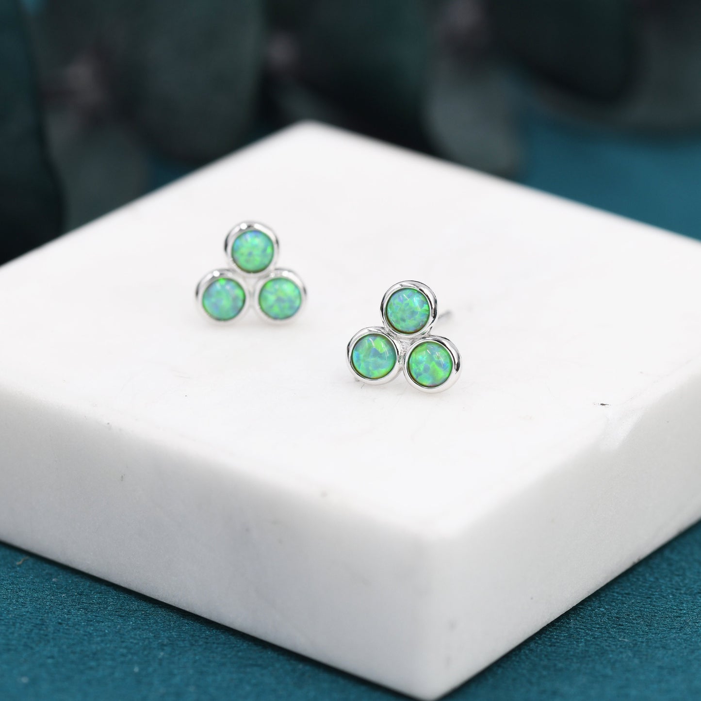 Mint Green Opal Dot Circle Stud Earrings in Sterling Silver - Silver or Gold - Fire Opal Trio Earrings, Three Opals