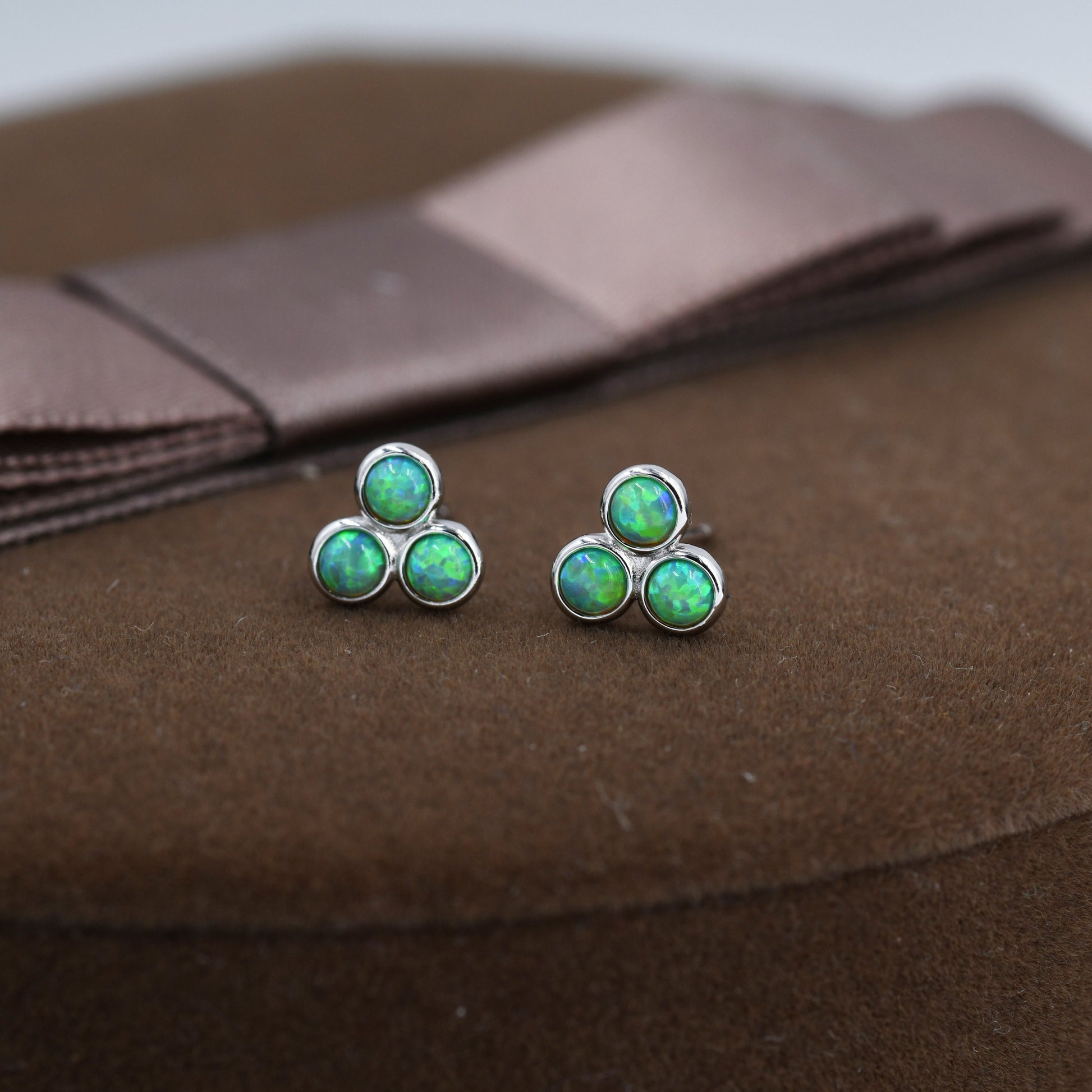 Mint Green Opal Dot Circle Stud Earrings in Sterling Silver - Silver or Gold - Fire Opal Trio Earrings, Three Opals