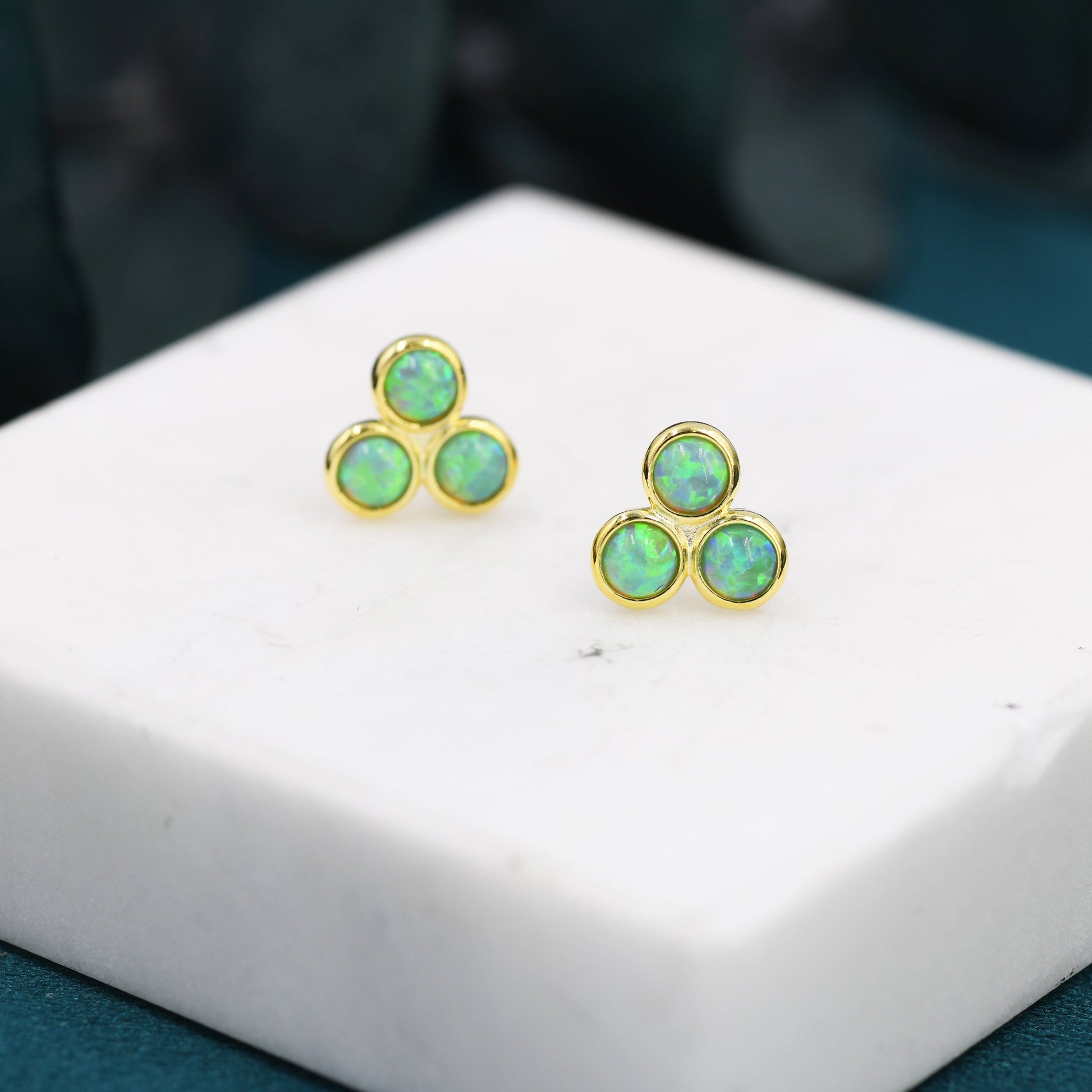 Mint Green Opal Dot Circle Stud Earrings in Sterling Silver - Silver or Gold - Fire Opal Trio Earrings, Three Opals