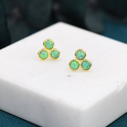 Mint Green Opal Dot Circle Stud Earrings in Sterling Silver - Silver or Gold - Fire Opal Trio Earrings, Three Opals