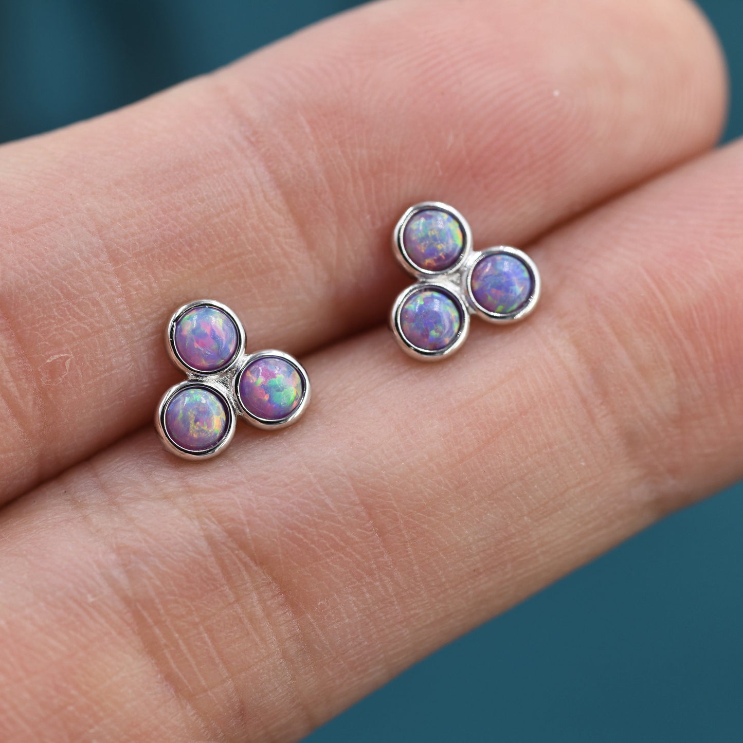 Purple Opal Dot Circle Stud Earrings in Sterling Silver - Silver or Gold -  Fire Opal Trio Earrings, Three Opals