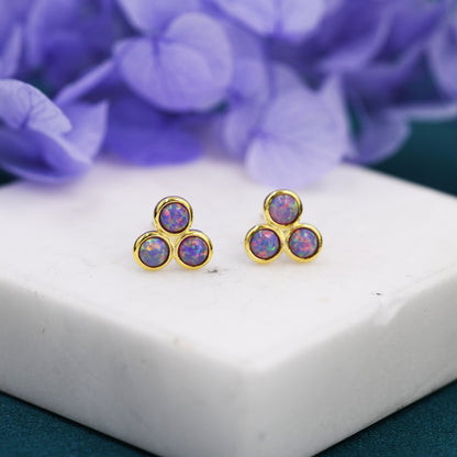 Purple Opal Dot Circle Stud Earrings in Sterling Silver - Silver or Gold -  Fire Opal Trio Earrings, Three Opals